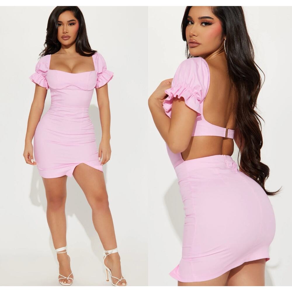 Fashion Nova Dress Pink Short Puff Sleeves Square Neck Back Cut Out Mini XL NWT